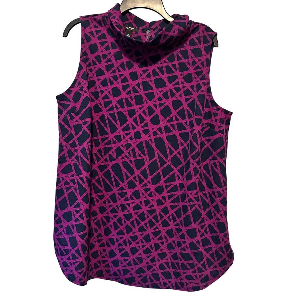 Alfani Woman 1X‎ Blouse Navy Magenta Geometric Mock Neck Sleeveless Top